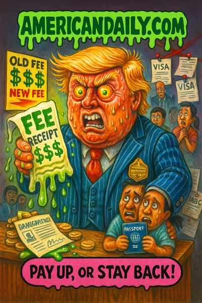 Caricature of Trump holding dripping fee receipt, visa hopefuls clutching passports, banner AMERICANDAILY.COM, caption Pay Up, Or Stay Back!
