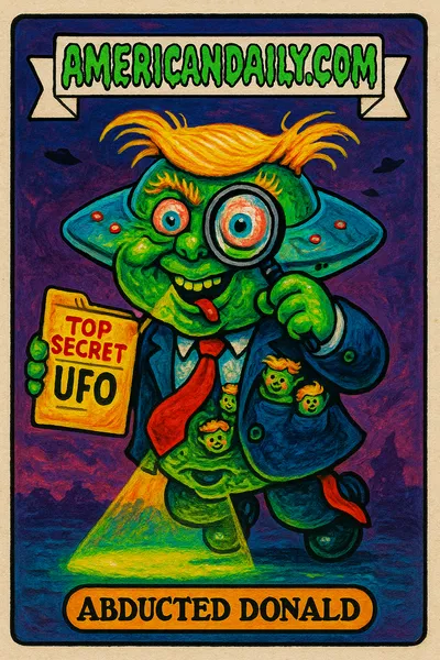 A grotesque caricature of Donald Trump as a UFO-headed figure with distorted features, alien green skin, surrounded by little green Trump-faced aliens.