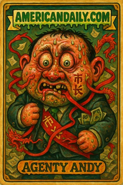 A satirical trading card featuring a grotesque caricature of a mayor with oversized rabbit ears, a Chinese-stitch mayoral sash, yuan bills spilling from pockets, and red tape turning into paper dragons, all under the banner 'AMERICANDAILY.COM'.