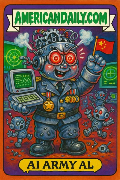A grotesque trading card featuring an AI robot in chaotic military attire, with mechanical parts and exaggerated clunky medals.