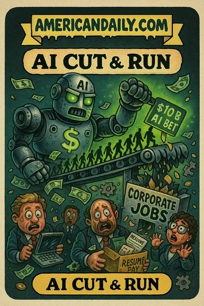 Parody trading card showing a giant robot labeled "AI Engine" pulling a lever labeled "$10B AI Bet" while suit-wearing human figures ride a conveyor belt into a shredder marked "CORPORATE JOBS." Top banner reads "AMERICANDAILY.COM."