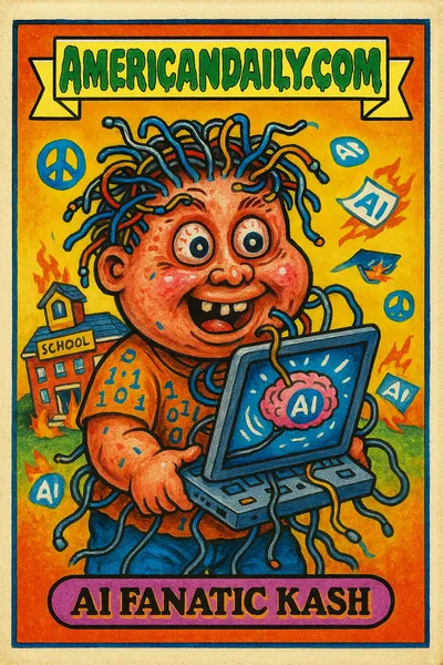 A grotesque caricature of Kash Patel with AI-themed props claiming AI's impact on school safety.