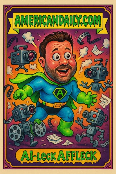 Cartoonish Ben Affleck character controlling AI robots on a movie set with dramatic expressions.