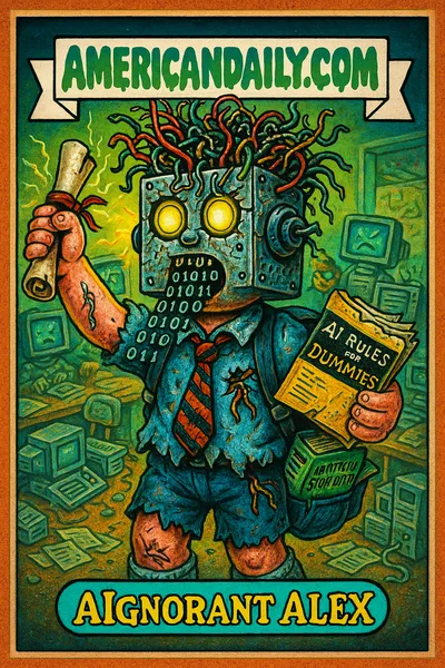 Trading card illustration of 'AIgnorant Alex', a teenage student with a robot head, glowing eyes, sparking diploma, and chaotic classroom scene in a retro Garbage Pail Kids style.