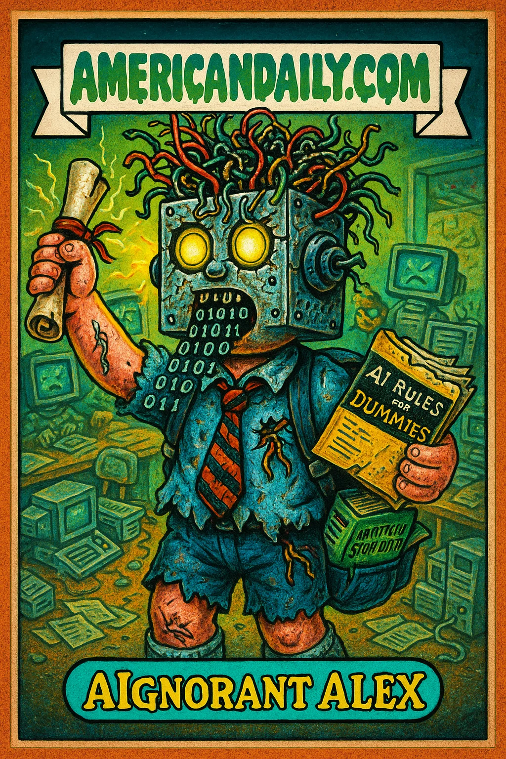 Trading card illustration of 'AIgnorant Alex', a teenage student with a robot head, glowing eyes, sparking diploma, and chaotic classroom scene in a retro Garbage Pail Kids style.