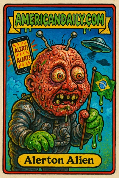 Trading card depicting 'Alerton Alien', a grotesque alien looking shocked, with a warped head and slime-dripping, amid panicked Brazilians clutching glowing phones under a saucer-dotted sky.