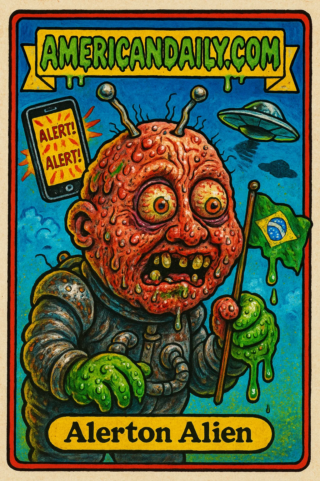 Trading card depicting 'Alerton Alien', a grotesque alien looking shocked, with a warped head and slime-dripping, amid panicked Brazilians clutching glowing phones under a saucer-dotted sky.
