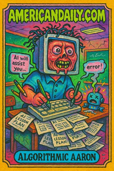 A grotesque teacher with a computer head, tangled wire hair, tapping on a giant keyboard amidst chaotic lesson plans, sparks flying in a cartoonish dystopian classroom.
