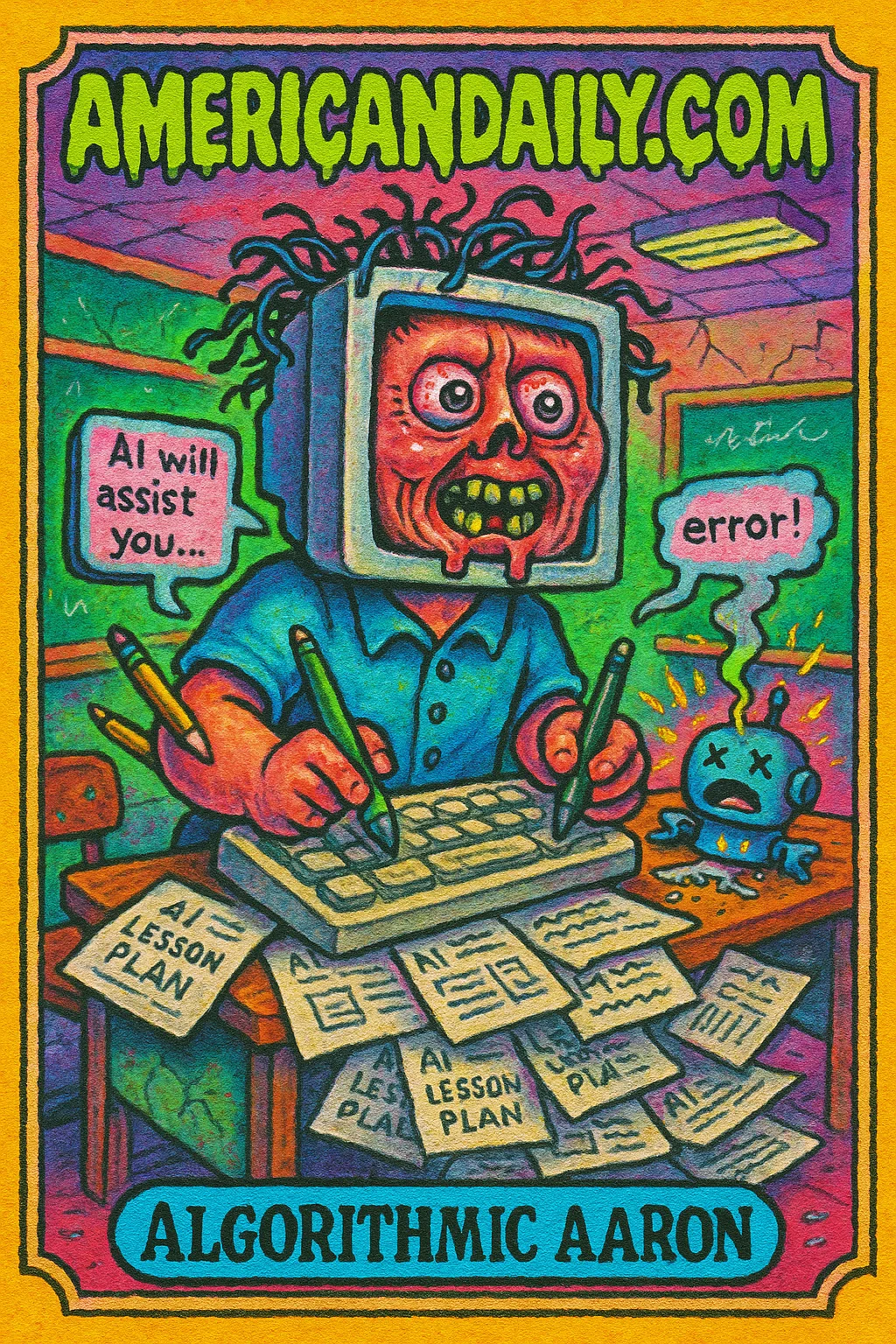 A grotesque teacher with a computer head, tangled wire hair, tapping on a giant keyboard amidst chaotic lesson plans, sparks flying in a cartoonish dystopian classroom.