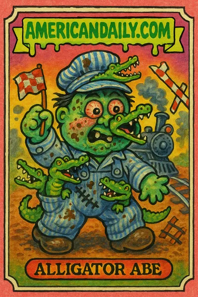 A grotesque train conductor, 'Alligator Abe', with snapping alligators on a bizarre trading card. Includes neon greens and murky grays.