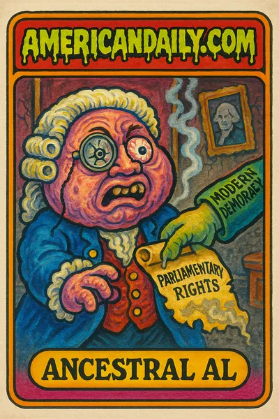 A grotesque caricature of Ancestral Al, with bulging eyes and a crumbling aristocratic chamber. The scene satirizes the end of hereditary peerages in the U.K.