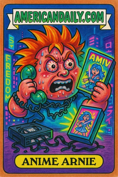 A grotesque caricature of 'Anime Arnie', an anime fan, screaming with bulging eyes, clutching a rotary phone and massive anime DVD. Neon city background.