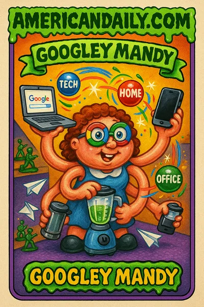 Cartoon character 'Googley Mandy' balancing tech objects with a defense-themed background, in bright colors.