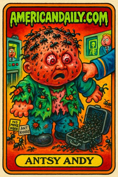 A caricature of a man with an ant-nest head surrounded by ants, caught in airport security, with exaggerated features and chaotic airport background.