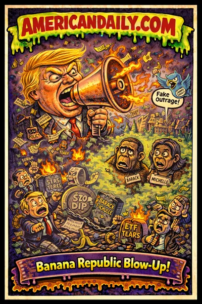 Cartoon Garbage Pail Kids-style image of a megaphone-head Trump spewing tweets and chaos, with cartoon primates labeled Barack and Michelle emerging in a satire of the controversial racist video.