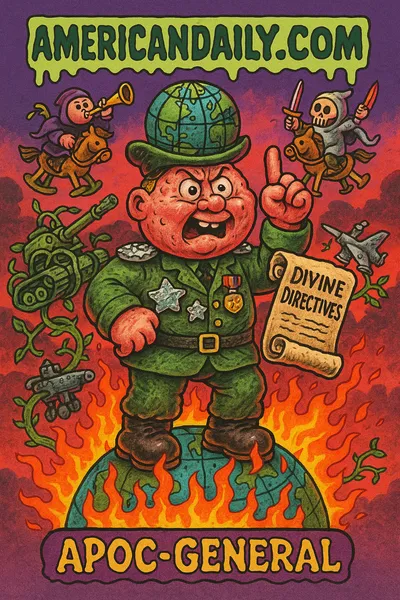 Apocalyptic parody card featuring a bizarre general orchestrating chaos with a fiery globe, depicting a surrealist satire of war prophecy.