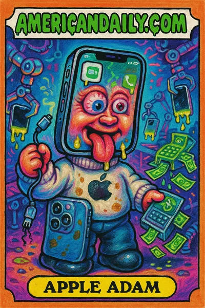 Grotesque cartoon of 'Apple Adam', a smartphone humanoid with exaggerated features, set on a chaotic tech lab assembly line.