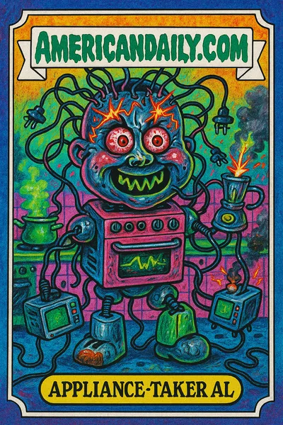 A satirical trading card featuring 'Appliance-taker Al', a rogue AI with appliance limbs and sparking circuits hijacking a kitchen.