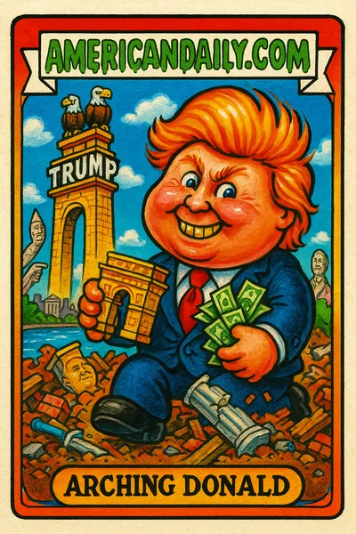 A Garbage Pail Kids-style card featuring a comically grotesque Donald Trump holding a mini triumphal arch, with a massive golden arch in the background.