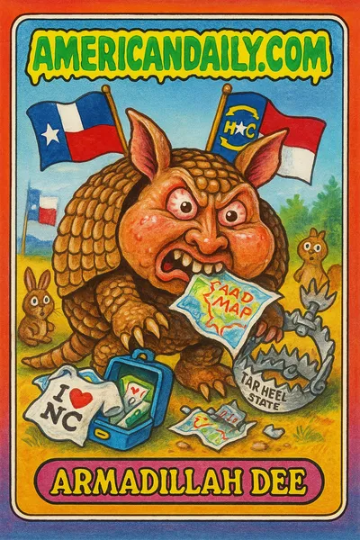 Grotesque armadillo with Texas and North Carolina flags, munching a road map, suitcase spilling 'I ❤️ NC' items, paw stuck in bear trap.