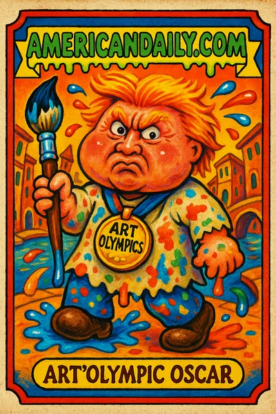 A satirical Garbage Pail Kids-style trading card featuring a bumbling Trump novice artist named 'Art'Olympic Oscar' with grotesque exaggerated features, struggling with oversized art supplies and a huge 'Art Olympics' medal.