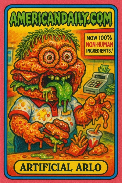 Artificial Arlo, an exaggerated fast-food mascot with a grotesque sandwich-shaped head and fake meat features, stands in a parody fast-food setting.