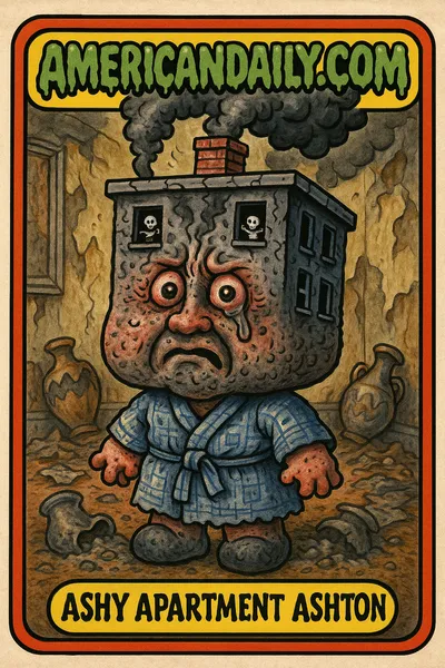 Trading card of Ashy Apartment Ashton, with a chimney-head spewing ash, set in a cluttered apartment, in Garbage Pail Kids style.