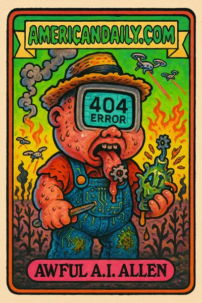 A grotesque farmer with a computer glitch face and destroyed crops behind him, highlighting AI's failure.