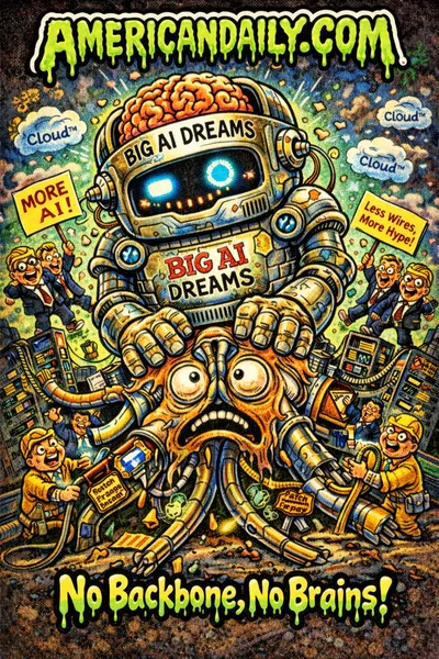 Grotesque cartoon trading card showing a superhero-style network backbone struggling under enormous AI robots, with slime-dripping AMERICANDAILY.COM banner.