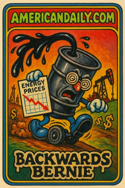 A satirical trading card titled 'Backwards Bernie' shows an anthropomorphic oil barrel with a twisted head rolling uphill while oil spills backward, representing market chaos.