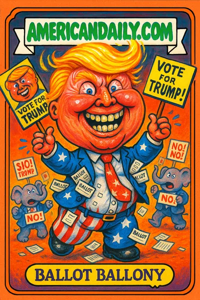 A grotesque cartoon of Trump with ballooned head, in a chaotic election scene, juggling campaign signs, wearing tight American flag suit, sweating grime.