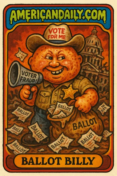 A grotesque sheriff with a cowboy hat labeled 'Vote for Me' holds a sack of ballots, standing over a pile of discarded votes. Background shows a crumbling capitol.