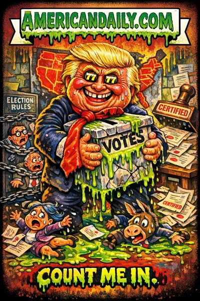 Satirical Garbage Pail Kids-style cartoon of Donald Trump clutching a leaking ballot box while election officials panic in a slime-filled warehouse.