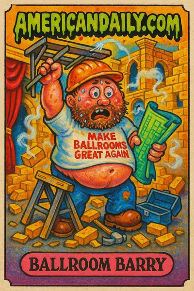 A grotesque trading card featuring Ballroom Barry, a chaotic construction worker surrounded by extravagant, half-built ballroom decor.