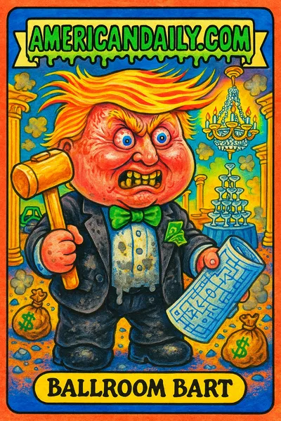 A grotesque caricature of Trump as 'Ballroom Bart', wielding a golden hammer and holding chaotic blueprints, amidst a half-built opulent ballroom.