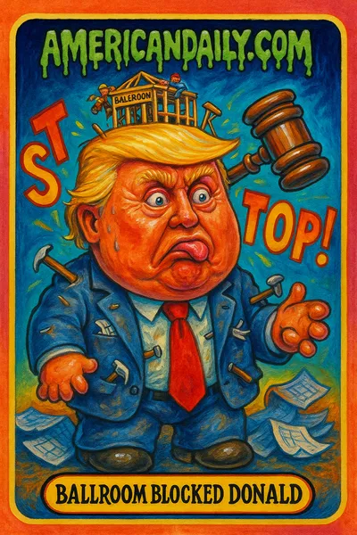 Satirical illustration of 'Ballroom Blocked Donald', resembling Trump with a collapsing ballroom on his head and oversized gavel, surrounded by chaos.