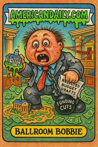 A grotesque cartoon of 'Ballroom Bobbie', a politician frantically trying to save a ballroom sinking in a pile of cash on a chaotic Senate floor.
