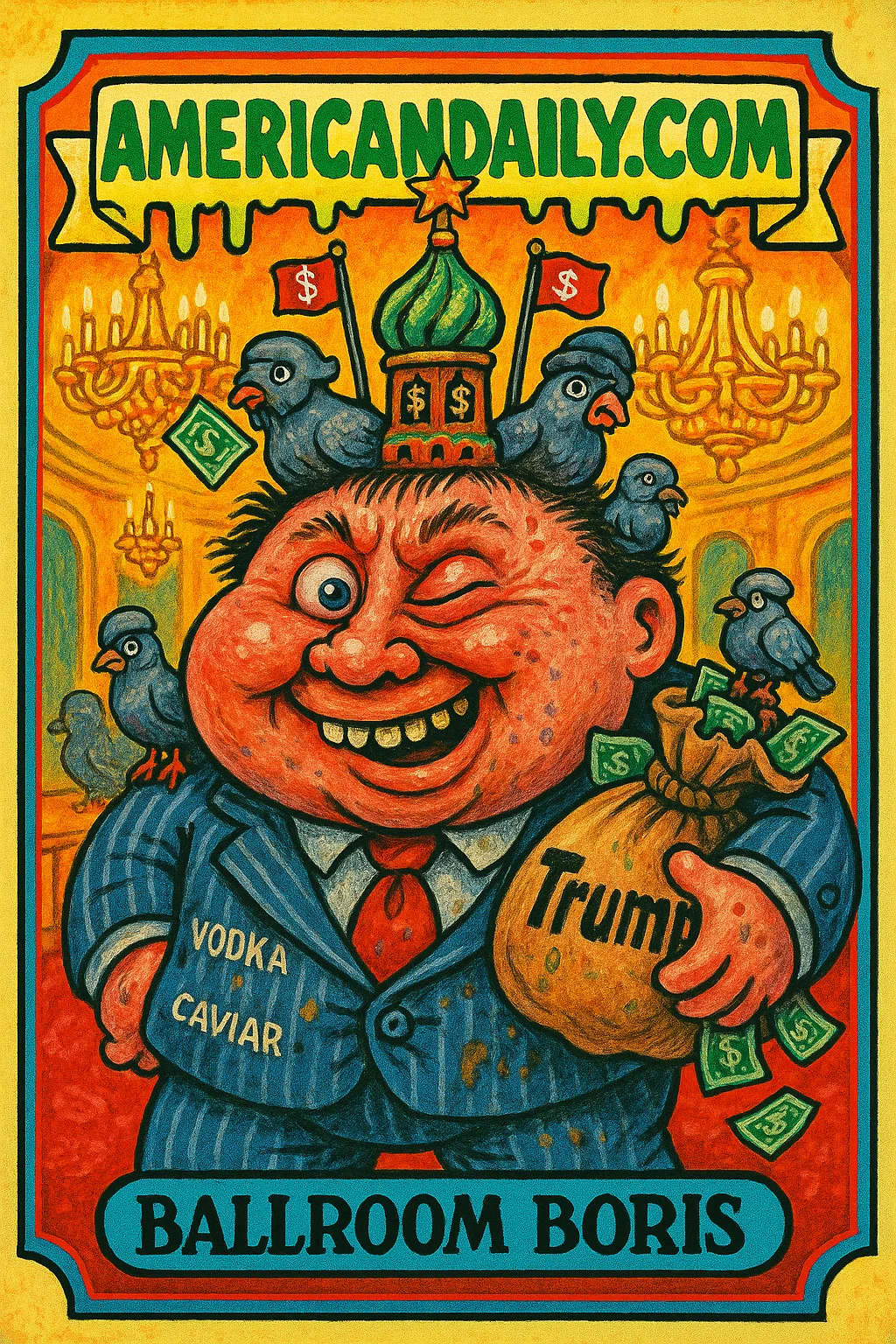 A grotesque Russian businessman with an oversized head, dripping with slime and holding a money sack labeled 'Trump'. A tiny ballroom sits atop his head, with an absurdly opulent background.
