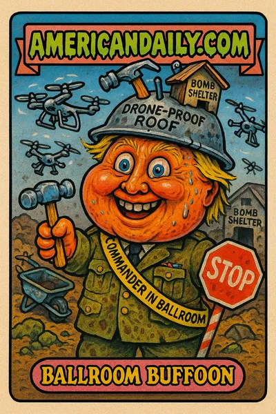 A caricature of a famous president with an oversized head and drone-proof roof helmet, surrounded by drones and a bomb shelter, in a messy construction site.