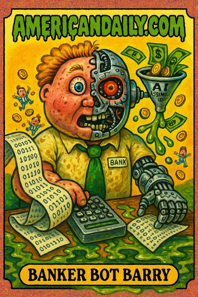 A grotesque half-human, half-robot banker character with mechanical features and a binary code spewing ledger, representing AI in banking.
