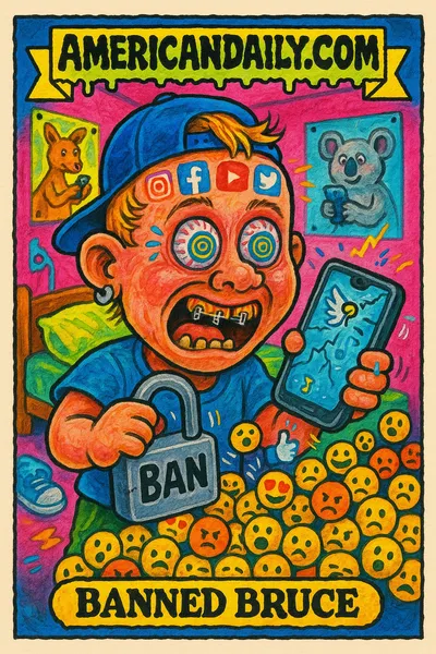 An Australian teen character with exaggerated social media tattoos, spiraled eyes, and a chaotic scene, satirizing Australia's social media ban.