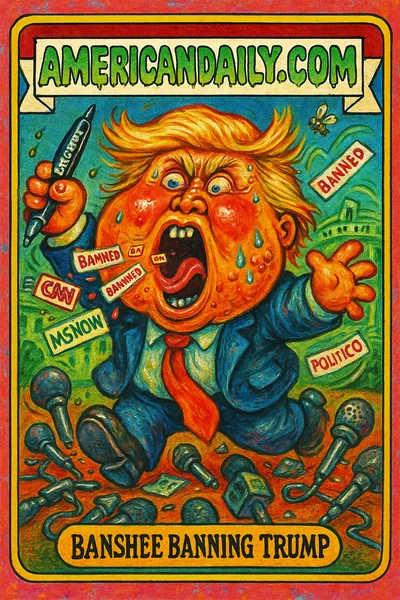 Grotesque caricature of Trump as a wild-haired banshee at the White House, with exaggerated features and swirling 'Banned' signs.