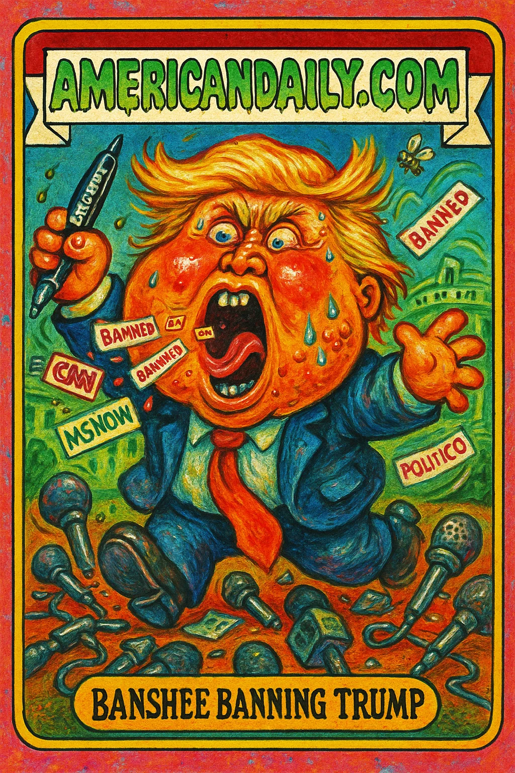Grotesque caricature of Trump as a wild-haired banshee at the White House, with exaggerated features and swirling 'Banned' signs.