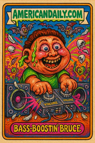 A grotesque DJ cranking sound knobs surrounded by blaring speakers and flying eggs in a chaotic wedding scene, titled 'Bass-Boostin' Bruce'.