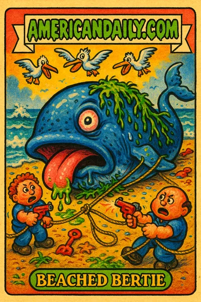 Grotesque Garbage Pail Kids-style card of 'Beached Bertie', a stranded cartoon whale with oversized head, bulging eye on a chaotic German beach.