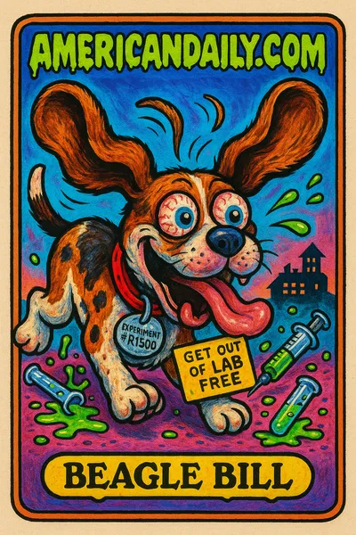 A grotesque beagle with giant flappy ears running away from a lab, holding a 'Get Out of Lab Free' card. Surrounded by spilling test tubes.