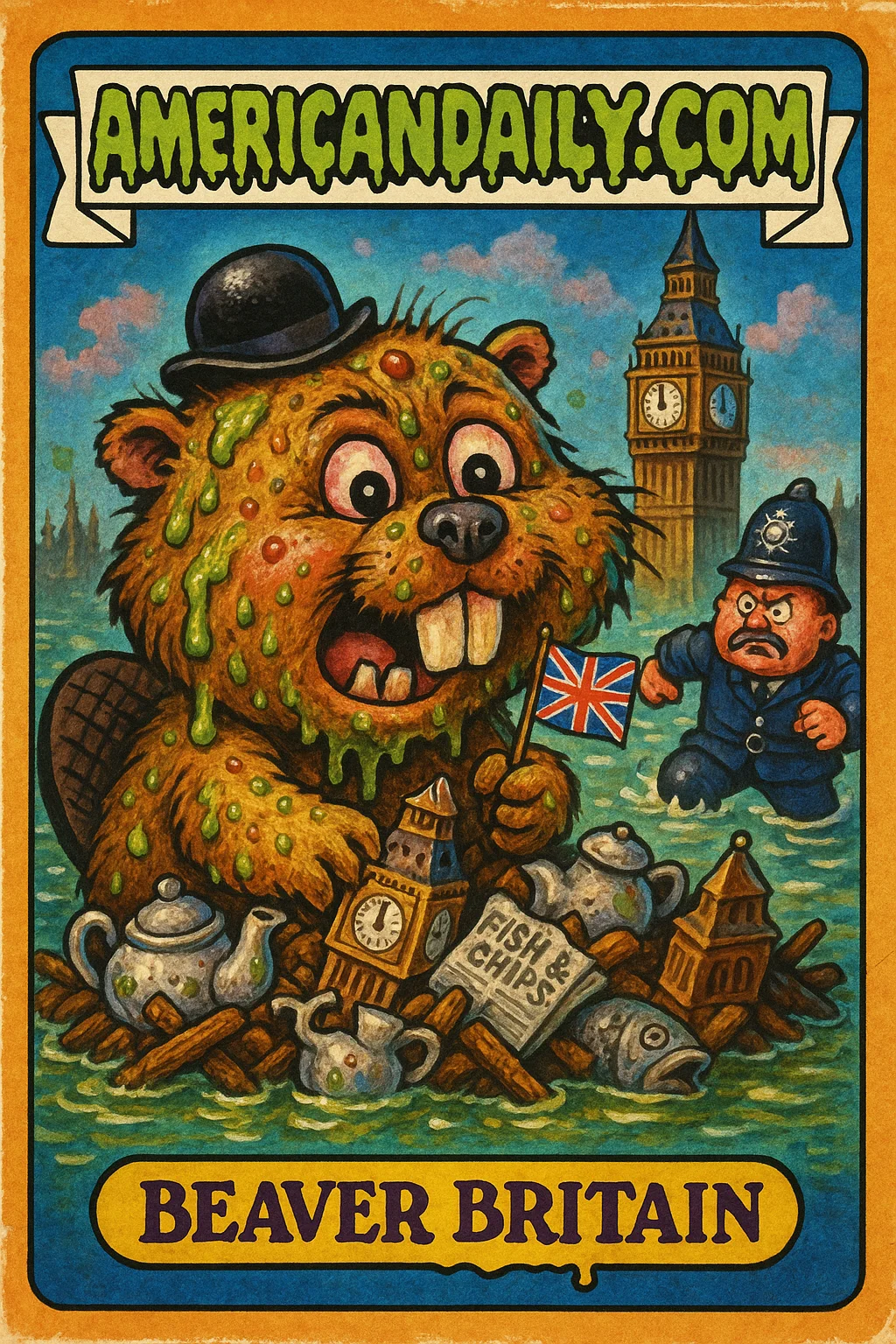 A satirical trading card featuring 'Beaver Britain', a grotesque beaver building a dam out of bizarre objects amidst a flooded London street.