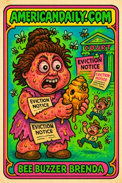 A grotesque woman holding a beehive with swarming bees, deputies fleeing in panic. Her hair is a hive, and she's clad in eviction notices stained in honey.