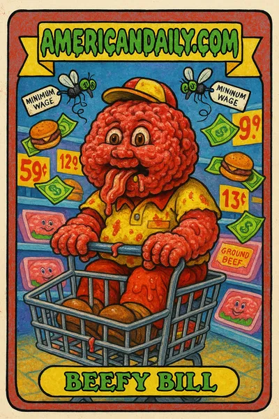 A grotesque character with a raw beef head and fast-food attire sits on a shopping cart in a supermarket aisle, surrounded by dollar bills turning into hamburgers.