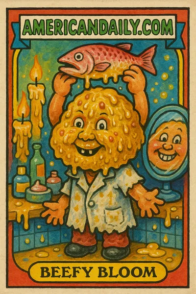 A grotesque caricature named Beefy Bloom with beef-tallow-soaked skin and salmon sperm garnishes, creating a ludicrous skincare routine.